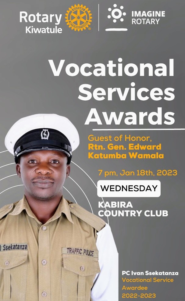 'The RCK Vocational Service Award to PC Ivan Ssekatanza For the Great Work he has Done in the Community.' Join us this Wednesday at Kabira Country Club Bukoto, 6:30pm with Rtn. Gen. Edward Katumba as Ours Guest of Honour. #RotaryKiwatule