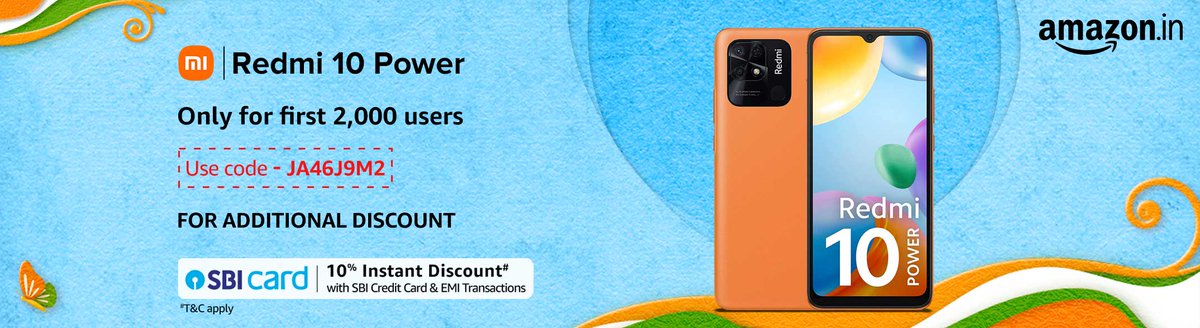 Techiefuse's tweet image. Redmi 10 Power (Sporty Orange, 8GB RAM, 128GB Storage) amzn.to/3XyN2KT via @amazon 
Coupon Code: JA46J9M2