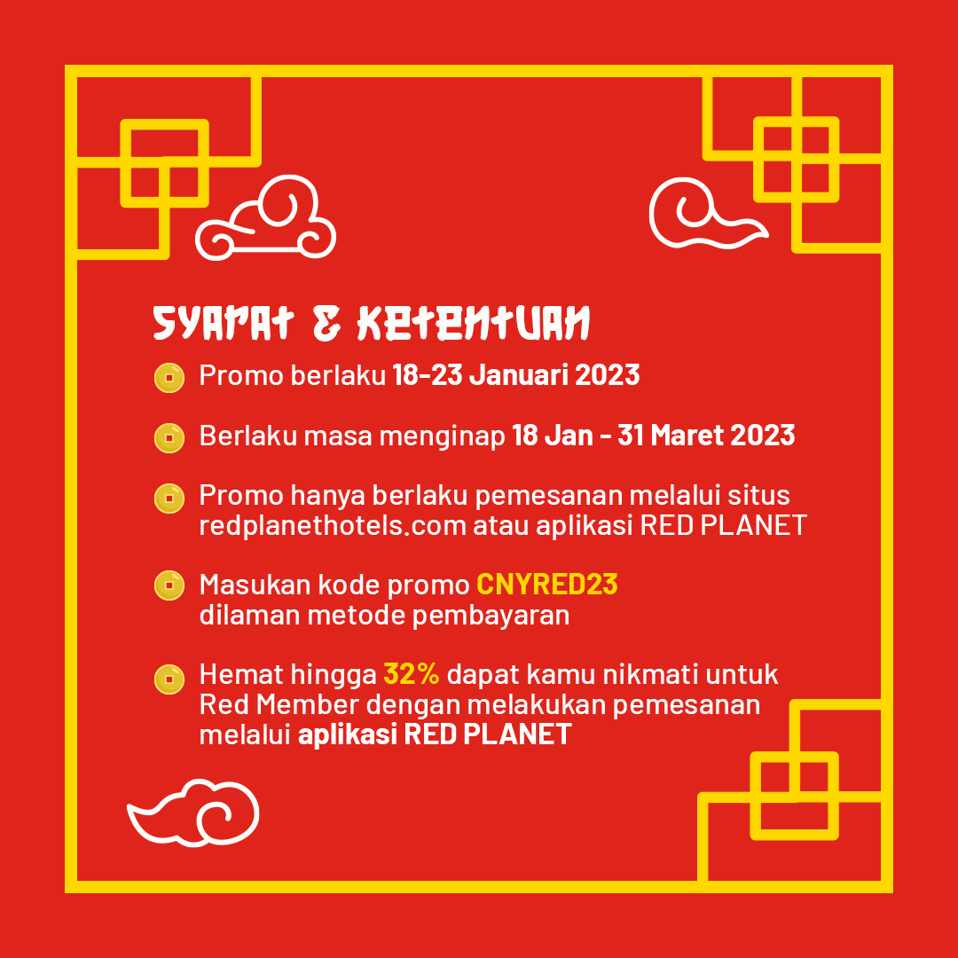 redplanetid's tweet photo. Awali tahun baru dengan rencana wisata dan perjalanan dari sekarang, promo hemat hingga 32% dengan kode promo CNYRED23.

Kode promo berlaku mulai tanggal 18 - 23 januari 2023
Periode menginap 18 Januari - 31 Maret 2023.

Pesan sekarang! 
https://t.co/JF9nxCa6Hm https://t.co/HjhH4NAn7m