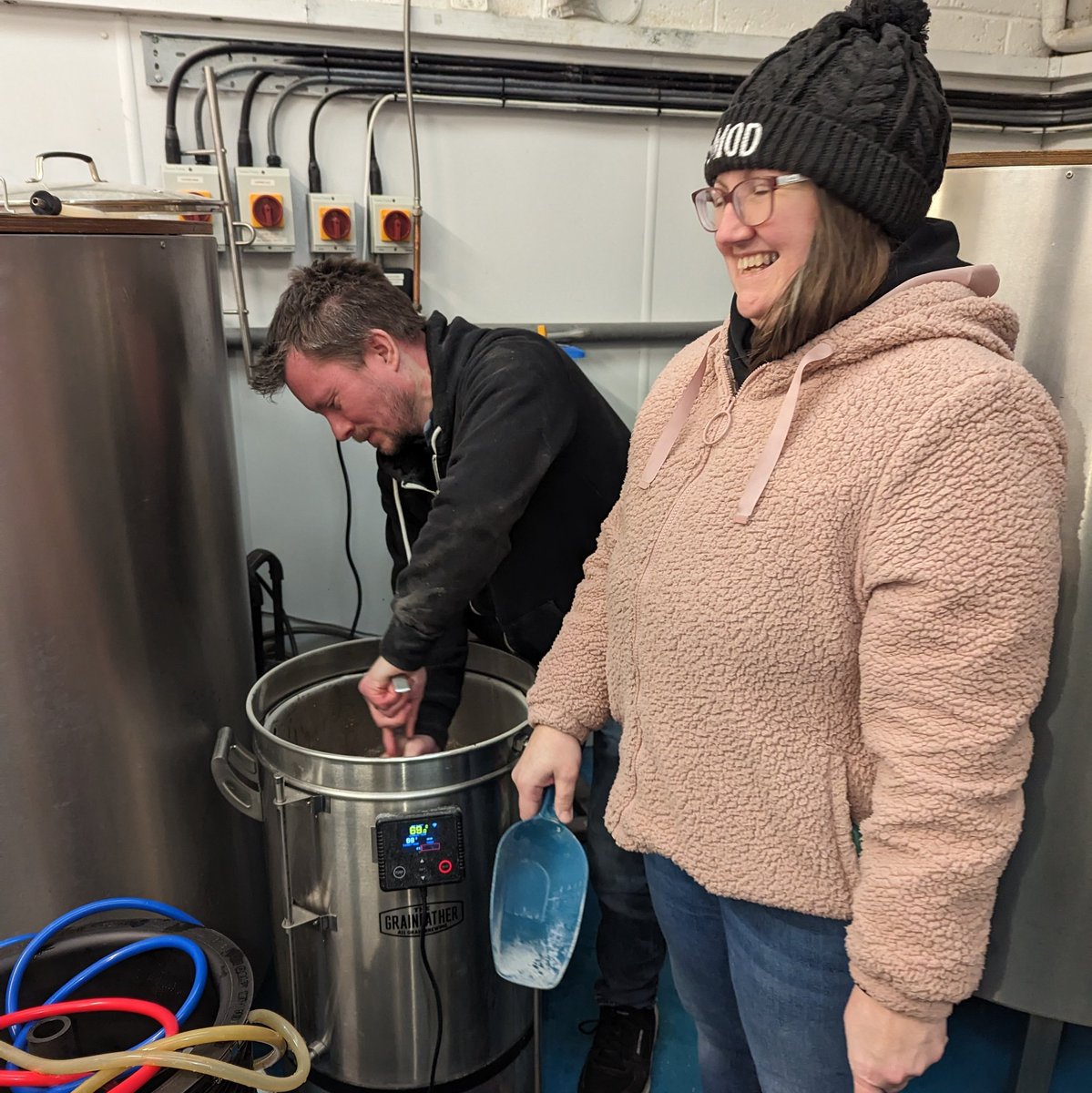 ElusiveBrew's tweet photo. We've got the lovely folks from @CommonRioters (&amp; @GreenGoddessPub) here today, brewing an NE Pale on the big kit and now mashing in a Chocolate Orange Stout on the Grainfather! https://t.co/X0FMoPGUwW