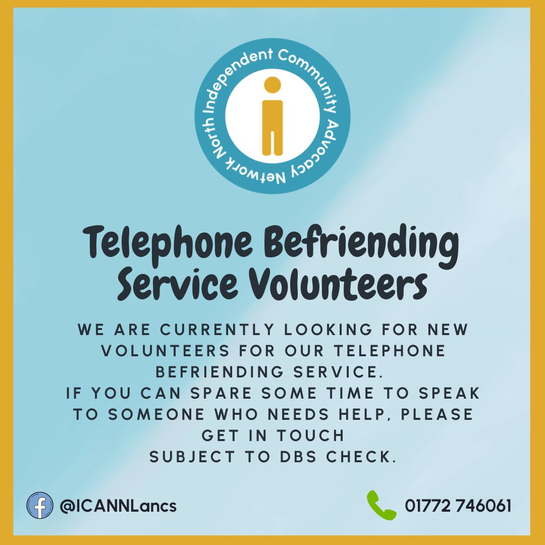 ICANN_Advocacy's tweet photo. Can you spare some time to talk to someone who is feeling isolated/lonely?๐ฑ
You can drop us an email at admin@i-cann.org.uk or give us a call on 01772 746061 if you, or somebody you know are interested in joining us. https://t.co/S8oCk4hMDh