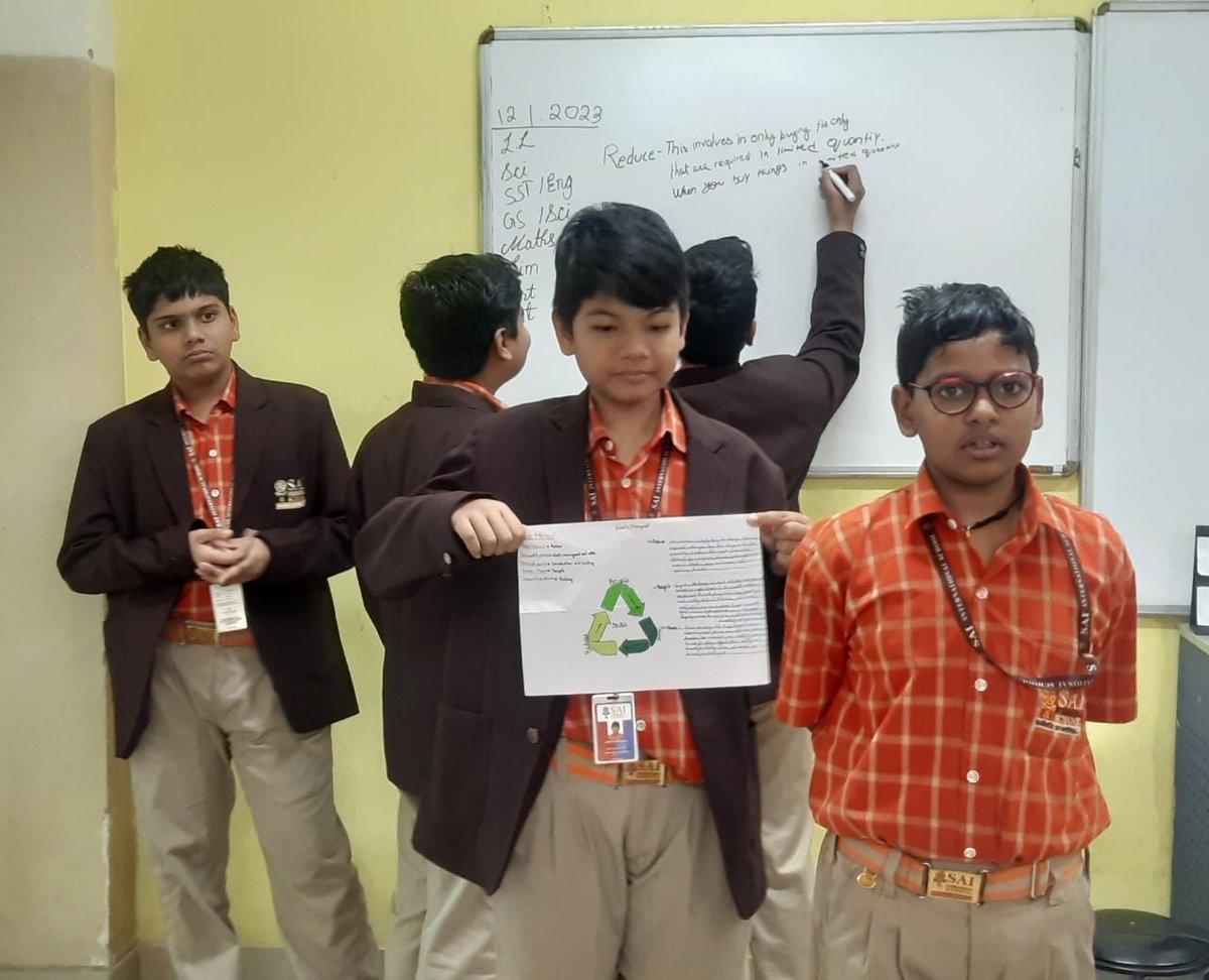 SAI_Edu_In's tweet image. SAIoneers of Class V engaged in experiential learning via Peer Teaching during a class activity based on sustainability. They deliberated on the 3Rs: 
#Peertopeerteaching
#SavingEnvironment
#ReduceReuseRecycle