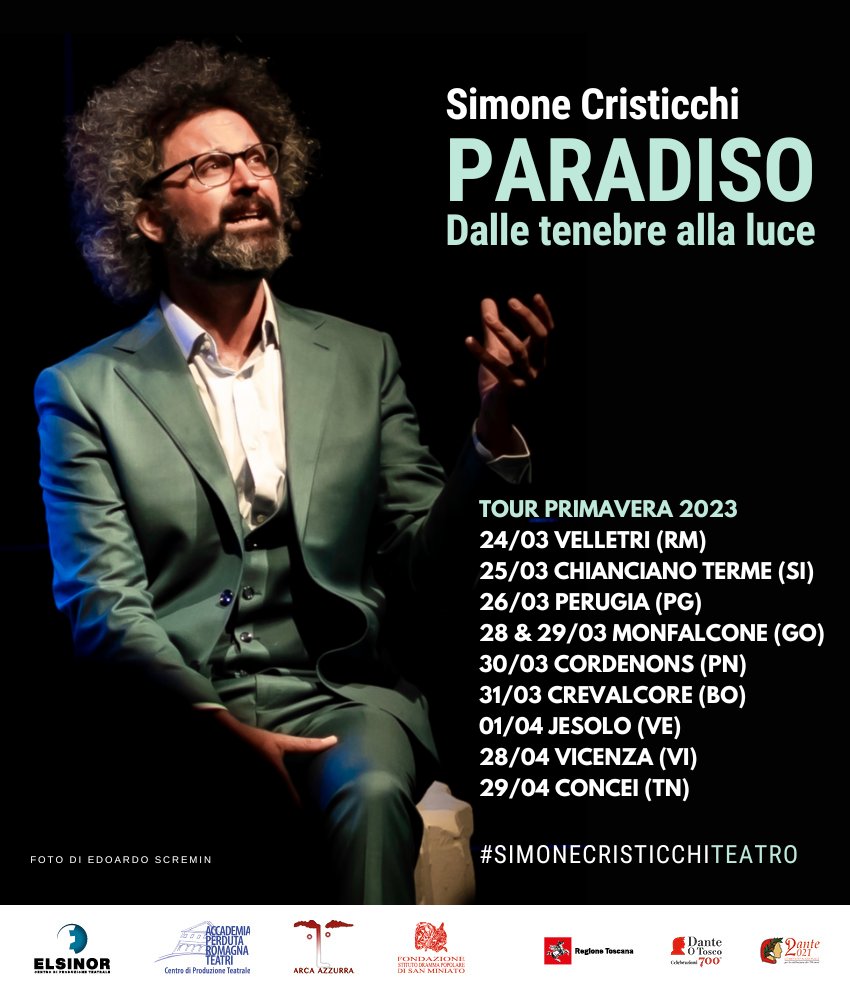 PARADISO. Dalle tenebre alla luce - torna a teatro dal 24 marzo. 

INFO &amp; Biglietti al sito simonecristicchi.it/eventi/ e negli eventi Facebook della pagina. 

#simonecristicchiteatro 
#paradisosimonecristicchi