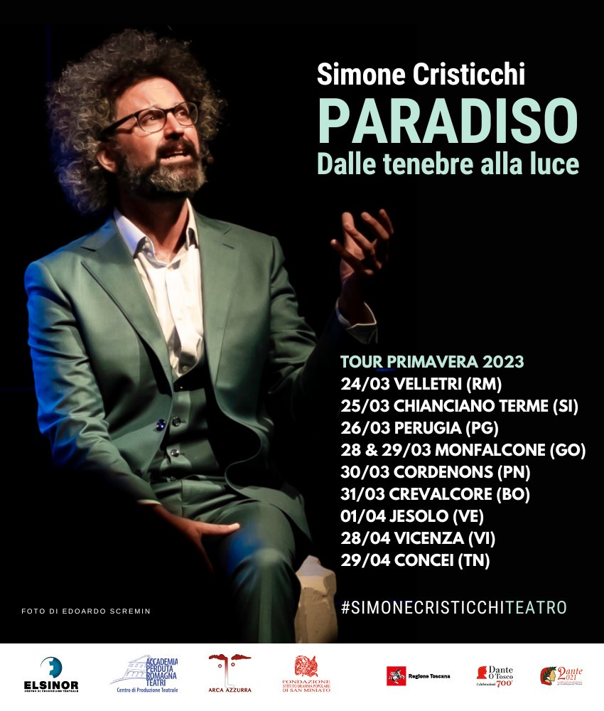 PARADISO. Dalle tenebre alla luce - torna a teatro dal 24 marzo. 

INFO & Biglietti al sito simonecristicchi.it/eventi/ e negli eventi Facebook della pagina. 

#simonecristicchiteatro 
#paradisosimonecristicchi