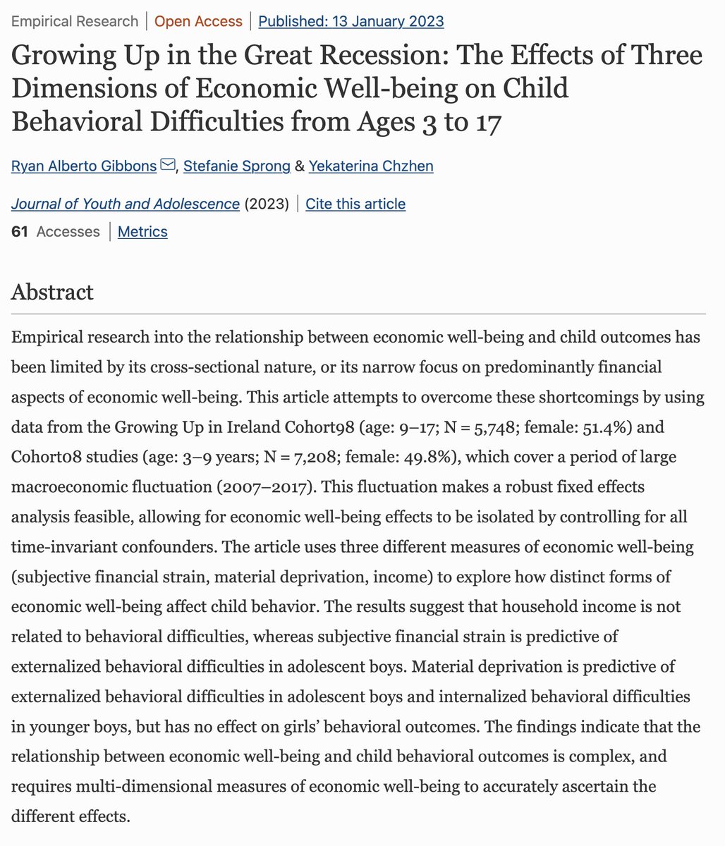 Kat Chzhen (@kat_chzhen) on Twitter photo 📢 New paper in <a href="/SpringerPsych/">Springer Psychology</a>'s Journal of Youth and Adolescence with <a href="/RyanOGiobuin/">Ryan A Gibbons (Ó Giobúin)</a> and Stefanie Sprong on household economic well-being and child behavioural difficulties, using data from <a href="/GrowingUpIre/">GrowingUpinIreland</a>
Download #OpenAccess 👇
link.springer.com/article/10.100…
Key findings in 🧵 📢 New paper in <a href="/SpringerPsych/">Springer Psychology</a>'s Journal of Youth and Adolescence with <a href="/RyanOGiobuin/">Ryan A Gibbons (Ó Giobúin)</a> and Stefanie Sprong on household economic well-being and child behavioural difficulties, using data from <a href="/GrowingUpIre/">GrowingUpinIreland</a>
Download #OpenAccess 👇
link.springer.com/article/10.100…
Key findings in 🧵