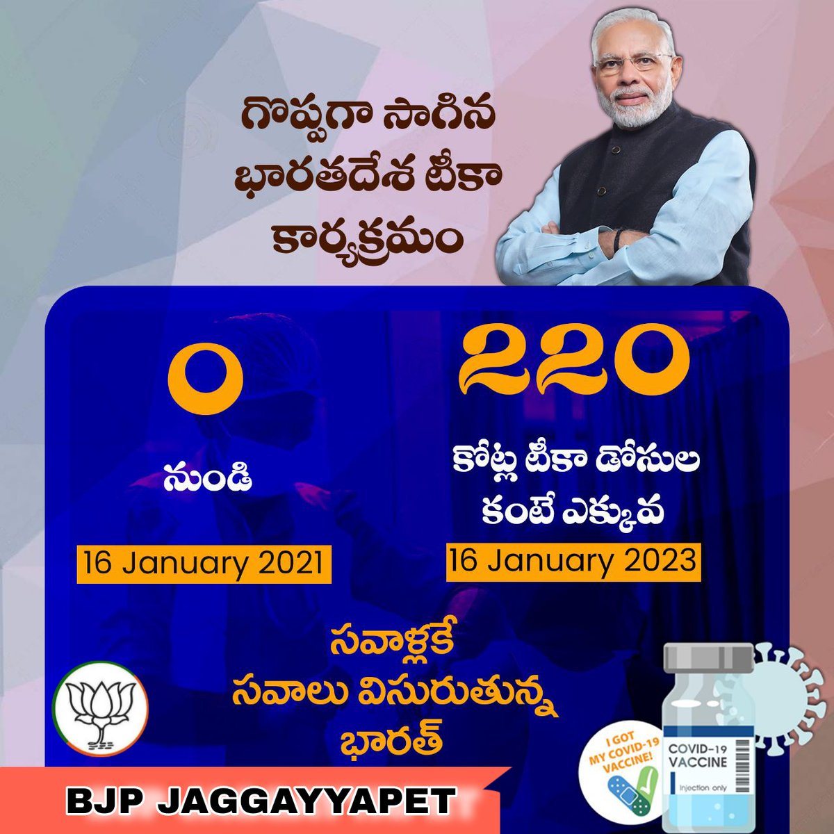 BJPJaggayyapet's tweet photo. ప్రధాని శ్రీ @narendramodi నేతృత్వంలో కేవలం 2 సంవత్సరాలలో 220కోట్లకు పైగా వ్యాక్సిన్లు అందించి చరిత్ర సృష్టించిన భారత్
#2YearsOfVaccineDrive https://t.co/dVf2y54pK9
