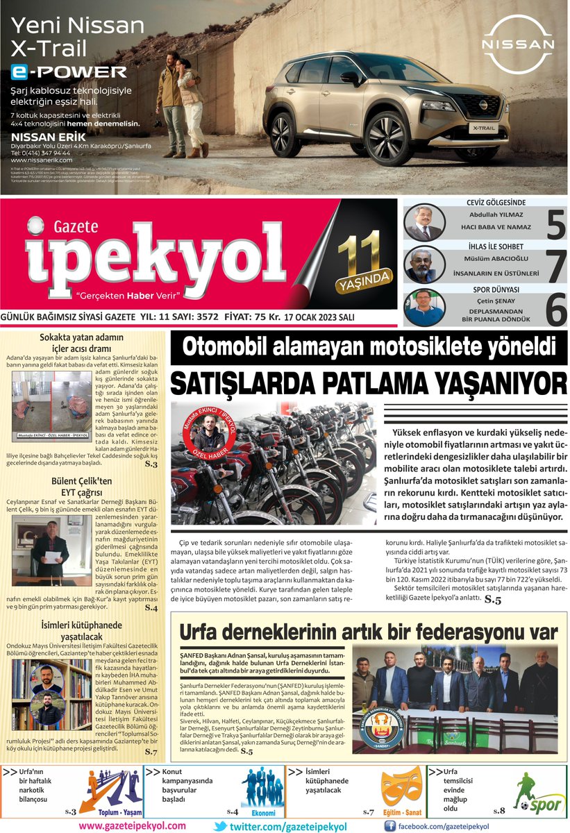 gazeteipekyol's tweet photo. 📌#OTOMOBİL ALAMAYAN #MOTOSİKLETE YÖNELDİ
#SATIŞLARDA #PATLAMA YAŞANIYOR
📌URFA #DERNEKLERİNİN ARTIK BİR #FEDERASYONU VAR
📌SOKAKTA YATAN #ADAMIN İÇLER ACISI #DRAMI
📌BÜLENT ÇELİK'TEN #EYT ÇAĞRISI
📌İSİMLERİ #KÜTÜPHANEDE YAŞATILACAK https://t.co/K08iNcGFqR