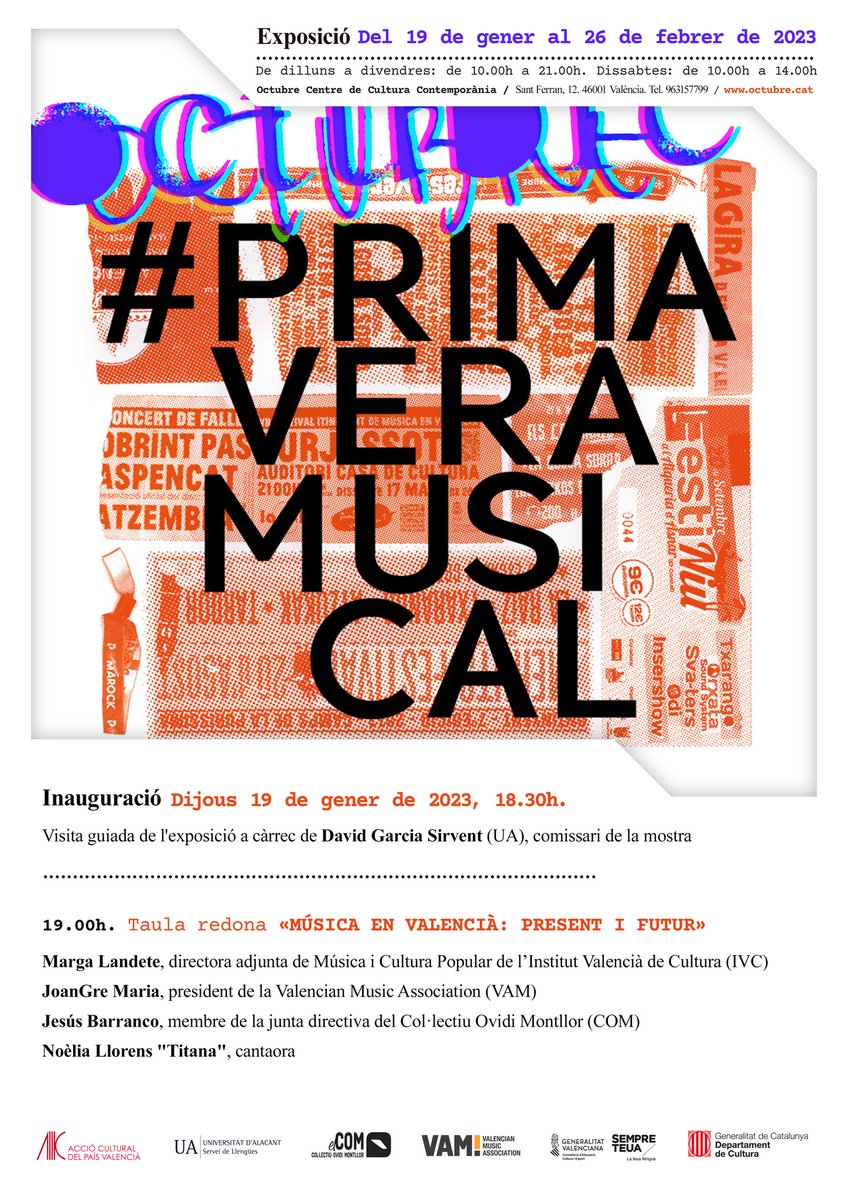 OctubreCCC (@octubreccc) on Twitter photo Dijous 19 inaugurem l’exposició #PrimaveraMusical amb una taula rodona sobre el futur de la música valenciana amb <a href="/margalandete/">Marga Landete 🦋</a>, <a href="/joangremarina/">Joangre</a>, Jesús Barranco i <a href="/noeliatitana/">Noelia Llorens 'Titana'</a>. Hi participen també el comissari David Garcia Sirvent, Hèctor Càmara <a href="/HctCS/">Hèctor Càmara Sempere</a> (UA) i <a href="/OborrasAnna/">Anna Oliver Borràs</a> (ACPV). Dijous 19 inaugurem l’exposició #PrimaveraMusical amb una taula rodona sobre el futur de la música valenciana amb <a href="/margalandete/">Marga Landete 🦋</a>, <a href="/joangremarina/">Joangre</a>, Jesús Barranco i <a href="/noeliatitana/">Noelia Llorens 'Titana'</a>. Hi participen també el comissari David Garcia Sirvent, Hèctor Càmara <a href="/HctCS/">Hèctor Càmara Sempere</a> (UA) i <a href="/OborrasAnna/">Anna Oliver Borràs</a> (ACPV).