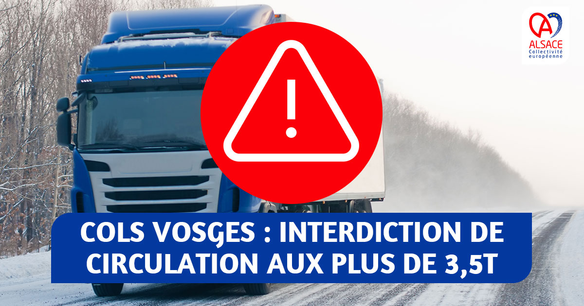 #InforouteAlsace En raison des chutes de #neige en cours et prévues ce jour, la circulation des plus de 3,5T reste interdite dans les cols Vosgiens du #HautRhin (sauf le col du Bussang).

🟢 Réouverture envisagée le 18/01 au matin sous réserve des conditions météo.
