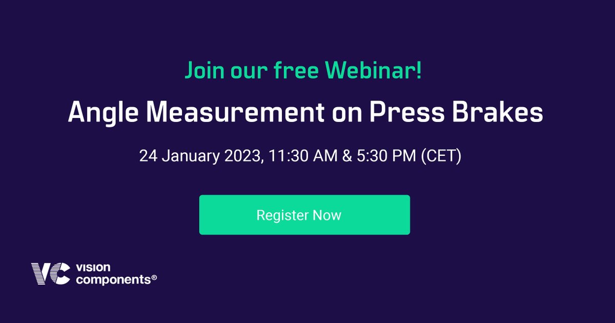 VisionComponent's tweet image. Want to know more about #anglemeasurement on press brakes?
Register now for our free webinar and get to know the VC bending experts!

🗓️ 24 January 2023, 11:30 AM (CET) &amp;amp; 5:30 PM (CET)

👉 visioncomponents.webinargeek.com/angle-measurem…

#embedded