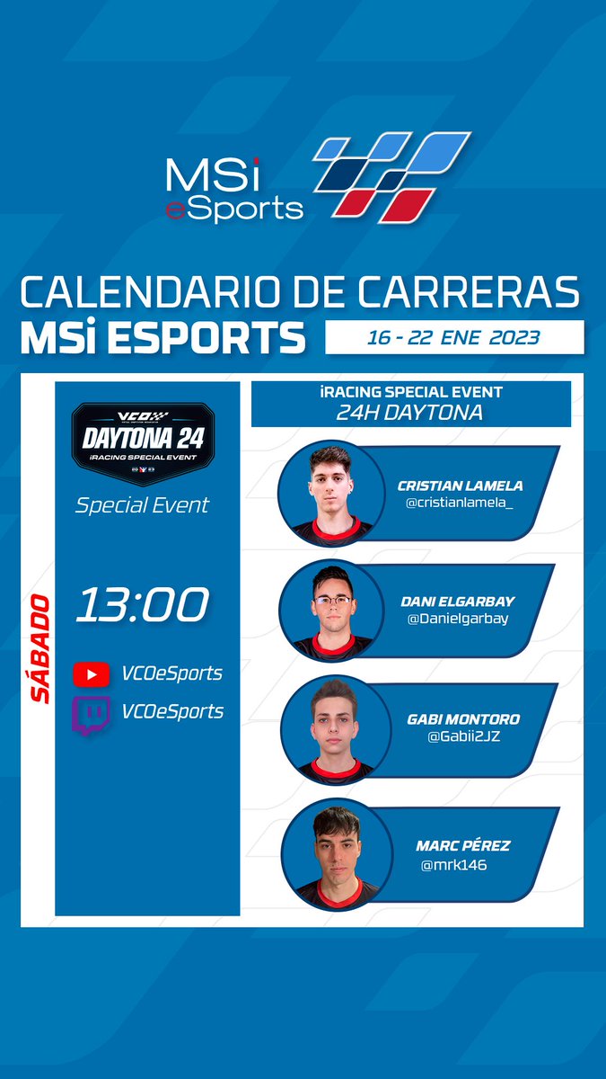 🚨 IRACING SPECIAL EVENT🚨 

Llega este fin de semana las 24 hrs de Daytona 🎮.

No os la perdáis en vco-esports.com! 

#msiesports #msispain #iracing #vcoesports #ppgfinishesiberia