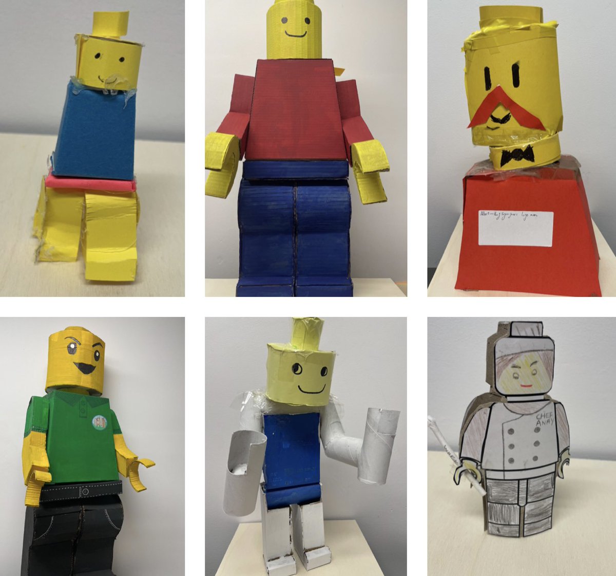 MaplewellHall's tweet photo. Some wonderful examples of the Lego man homework project, submitted by our KS3  students. 

Great cardboard modelling skills shown! We also had some students submit some amazing designs on paper. #art #maplewellhallschool https://t.co/JR7sZmepuF