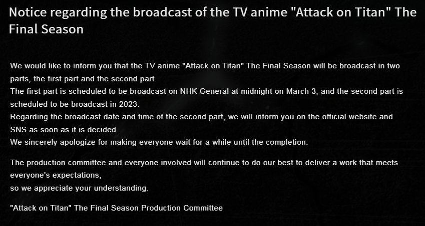 PodcastTitanes's tweet photo. ¡La Parte 3 de la Temporada Final de Shingeki no Kyojin se estrenará el 3 de marzo! 
No obstante, se dividirá en dos partes, la última en 2023 también. No, no es broma. Por lo tanto:

👉 3 de marzo: primera parte de la Parte 3.
👉 Más tarde en 2023: última parte de la Parte 3. https://t.co/gVF42NT95w