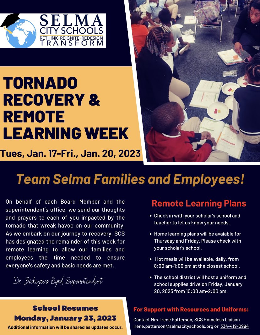 SaintsVirtualSC's tweet photo. 🚨Attention SVA families, @SelmaSchools is here to serve as an outreach to our community. Please review the flyers about resources available to you at this time as well as how school instruction will take place during this devastating time! #TeamSelma #TeamSCS https://t.co/yxhJ1arbMK