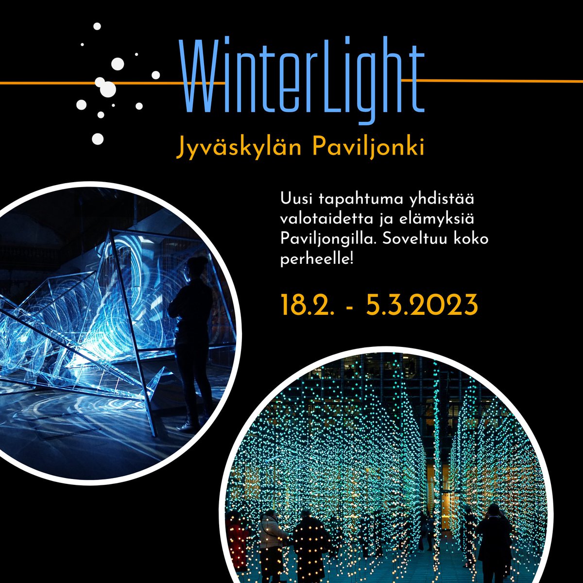 Paviljongissa nähdään 18.2.-5.3. uusi valotaide ja -elämystapahtuma WinterLight! Luvassa upeaa valotaidetta, installaatioita ja valoteemaisia elämyksiä. ✨

Lue lisää tapahtumasta: bit.ly/3H6WeRb

#valonkaupunki #jyväskylä #paviljonki #winterlightjyväskylä #winterlight