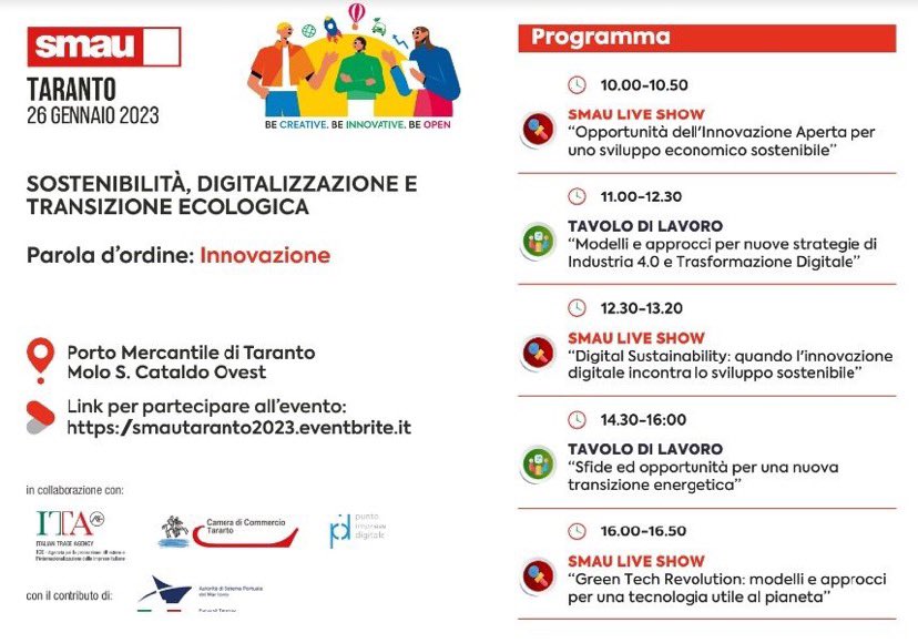 Il Roadshow Smau, circuito di riferimento dell’ecosistema dell’innovazione nazionale e internazionale, giovedì 26 gennaio farà tappa a Taranto per la terza edizione di <a href="/smaunotes/">SMAU</a> Taranto. Registrazione obbligatoria al link: lnkd.in/djvcmkvh