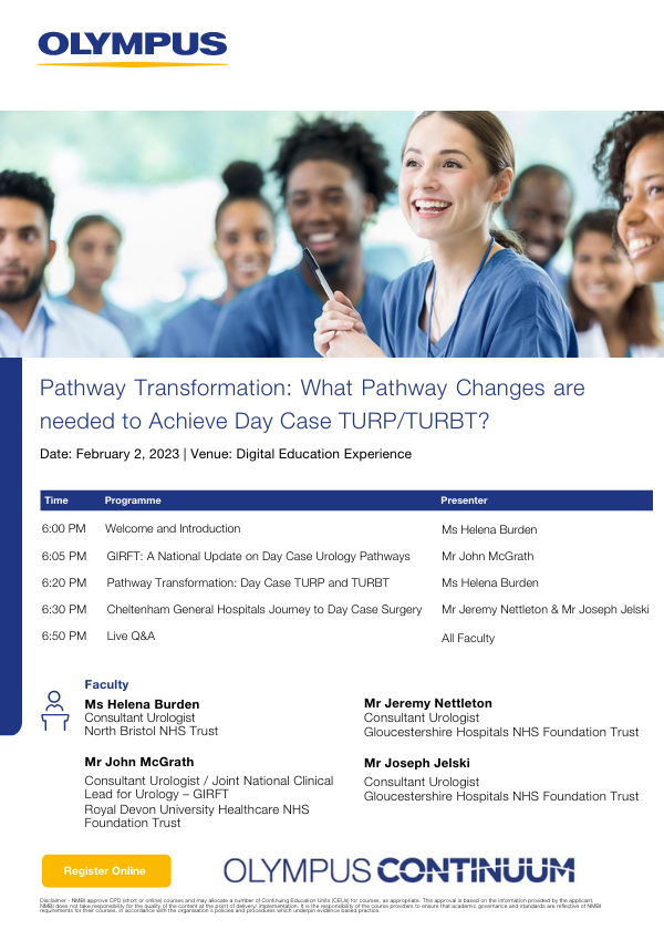 OlympusMedUKIE's tweet photo. π₯οΈ FREE Online #Urology Webinar
#PathwayTransformation: What Pathway Changes are needed to Achieve Day Case #TURP/#TURBT?
Join @HelenaBurden, @NettletonJeremy, @JelskiJoseph & John McGrath (@NHSGIRFT)
π
Thurs 2nd Feb 2023
6-7pm
Register & join online:
https://t.co/WMEwiSDIWc https://t.co/IZWfQnxuaI