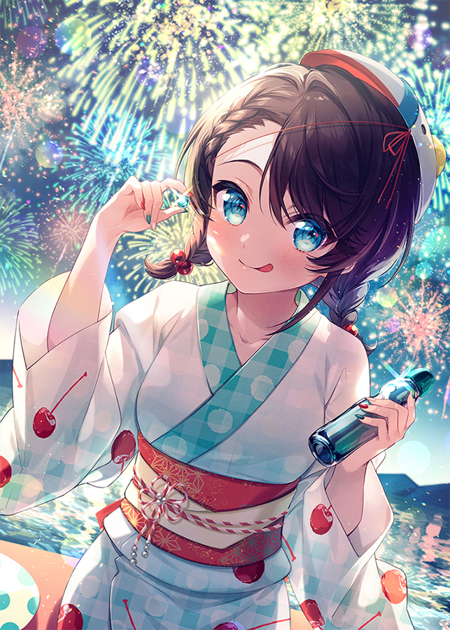 oozora subaru 1girl fireworks swept bangs solo tongue out japanese clothes kimono  illustration images