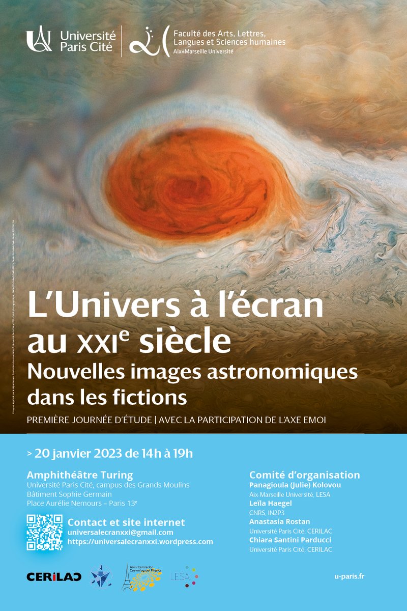 #artetscience 👨‍🎨👩‍🔬 L'espace, ses images et ses représentations... Très heureux de co-organiser les journées d'étude 'L'Univers à l'écran au XXI siècle'. ‼️Ouvert au public‼️ Première journée ce vendredi 20 janvier à 14h chez @univ_paris_cite : universalecranxxi.wordpress.com/nouvelles-imag…