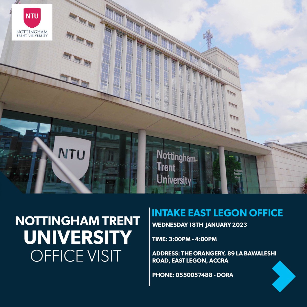 idpghana's tweet photo. Want to study at a vibrant and international university? Nottingham Trent is the place for you!
Meet the university representative at our Osu and East Legon branches.
Swipe for more details.
#IntakeGhana #Intakeducation #UK #UKuniversities #highranking #studyabroad #study2023 https://t.co/BccfP6RR2u