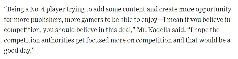 tomwarren's tweet image. Microsoft CEO Satya Nadella discussed the Activision deal briefly today. "If you believe in competition, you should believe in this deal. I hope the competition authorities get focused more on competition and that would be a good day." wsj.com/articles/micro…