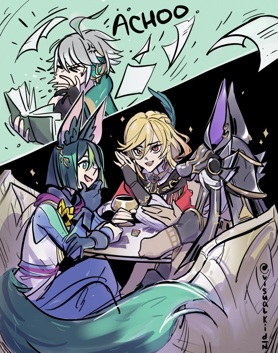 visualkid_n's tweet image. Gossip club meeting #Alhaitham #Kaveh #CynoNari #Genshinlmpact