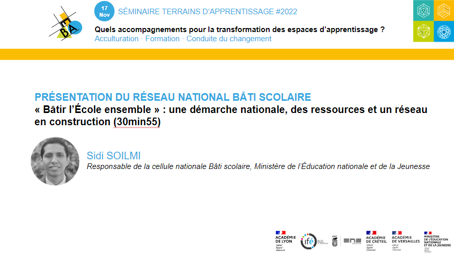 [Terrains d'apprentissage #2022]

🏗️ « Bâtir l’École ensemble » : une démarche nationale, des ressources et un réseau de référents en construction

▶️ Visionnez la présentation de S. Soilmi sur tube.ac-lyon.fr/w/3eb85862-707…