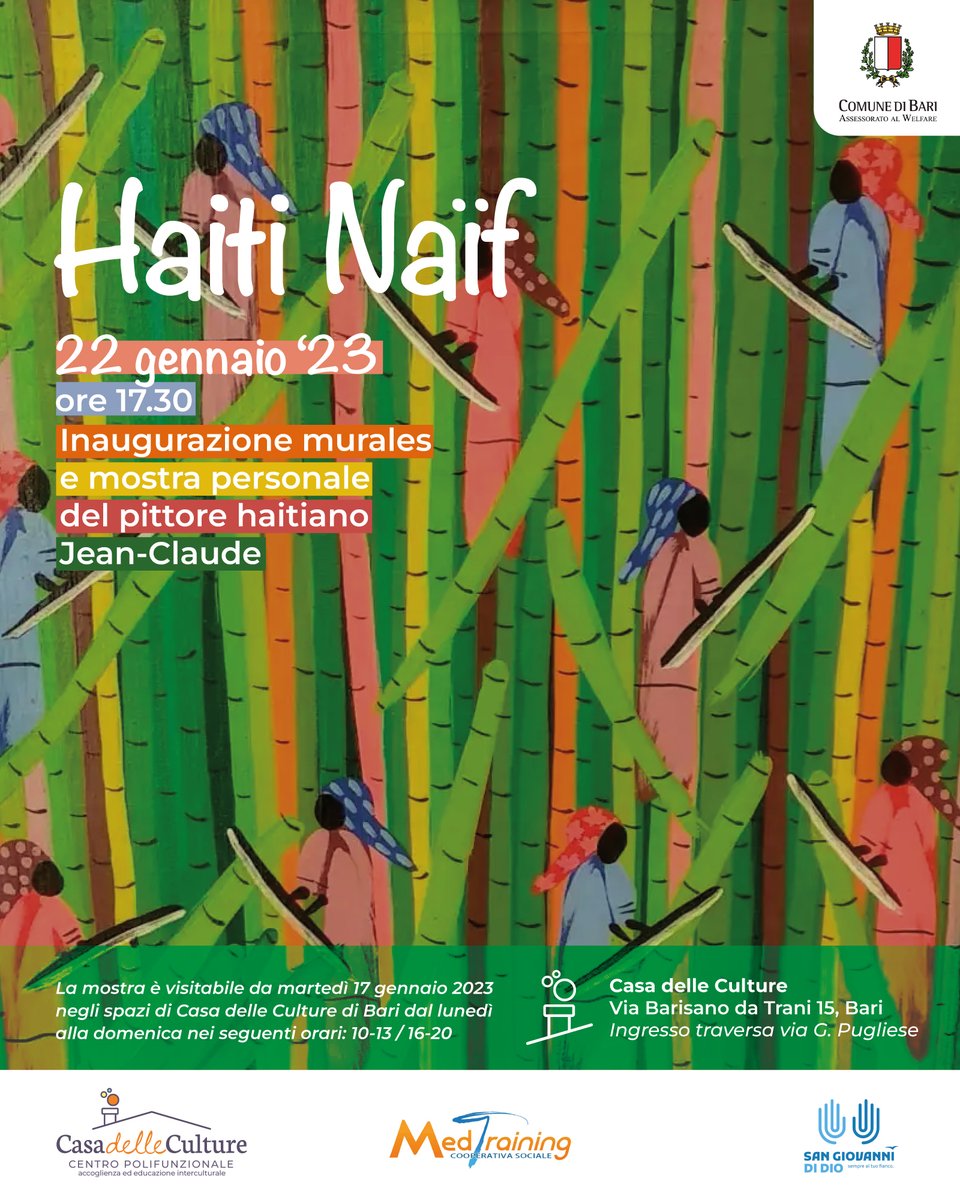 Casa delle Culture di Bari ospita la mostra personale di Jean Claude "Haiti naïf". La mostra è aperta al pubblico dal lunedì alla domenica, dalle ore 10 alle 13 e dalle 16 alle 20.
