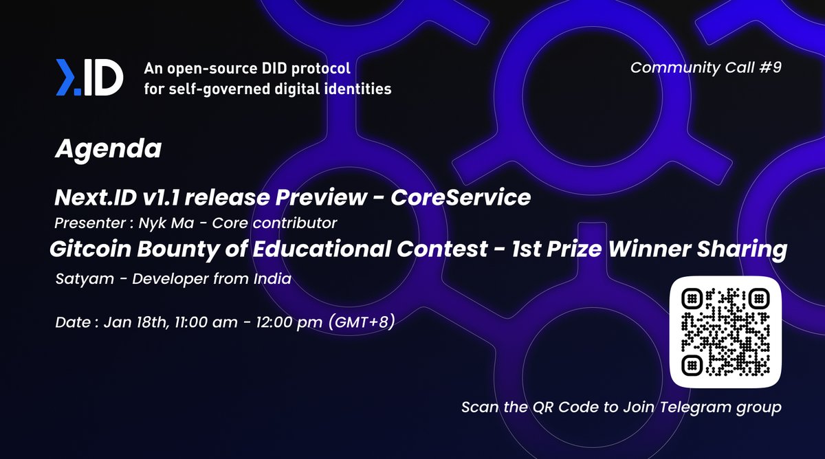 NextDotID's tweet photo. 1/ #NextID Community Call #9
📅 Jan 17, 10 PM EST
🔗 https://t.co/2wFVhdUBD6………
⚙ Agenda
1. v1.1 Release Preview - CoreService Demonstration
2. Sharing by @satvym - Gitcoin Bounty Top Winner 🎉
Come tune in to our session along with Core Contributors @bgm38 & @BinaryHB 😎 https://t.co/u8G3c8Duha