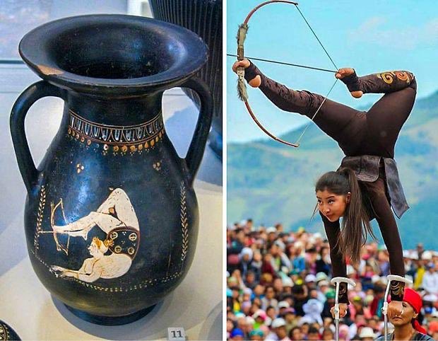 @tzoumio In the first image, there is a work that depicts an acrobat woman shooting arrows with her feet.  This work is BC.  It dates back to the 4th century.  In the second image, he finds an acrobatic archer from the 2016 World Nomad Games held in Kyrgyzstan.