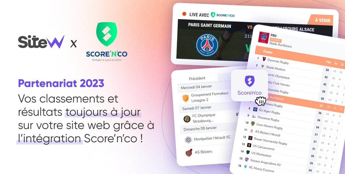 SiteW devient partenaire de <a href="/Score_n_co/">Score'n'co</a>  ! 🙌

Score‘n’co est une plate-forme unique qui permet de retrouver tous les résultats, classements et statistiques de son équipe. 🏀 ⚽ 🏉

Plus d'infos, par ici : sitew.com/Module/scorenco