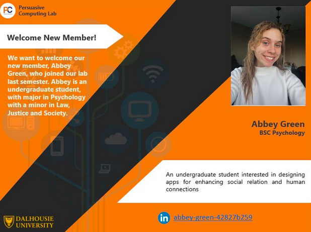 PCLab_Dal's tweet photo. We want to welcome our new member, Abbey Green, who joined the Persuasive Computing Lab last term. Abbey is an undergraduate student majoring in Psychology with a minor in Law, Justice and Society. (1/2) 

Welcome Abbey Green!

#pclab https://t.co/mnDJYxB9Q2