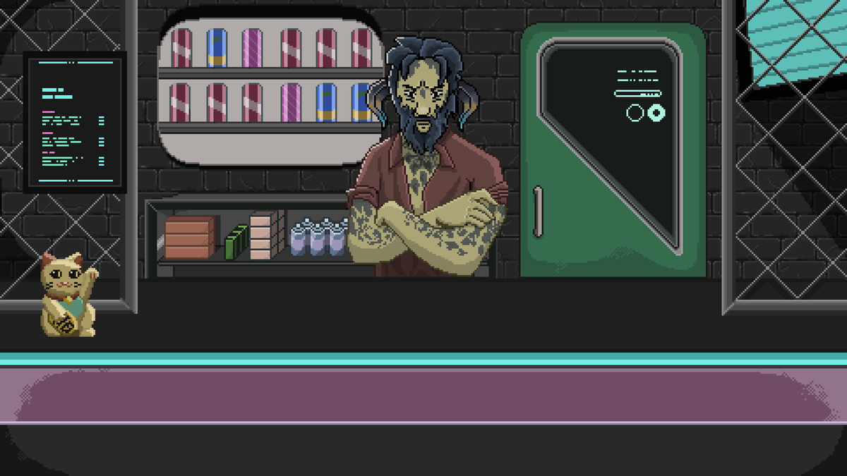 SillySealStudio's tweet photo. Also our "cyberpunk shopkeeper" screen was finished today. 
Can't wait to see it in action! :) 
#pixelart #pixelartist #indiedev #indiegames https://t.co/DnqTIRBrDz
