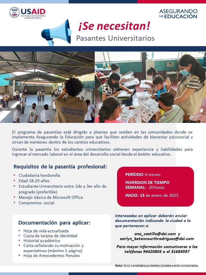 mdv_125's tweet photo. El proyecto Asegurando la Educación USAID invita a jóvenes universitarios de los municipios de Puerto Cortés, La Lima y El Progreso a formar parte del programa de aprendizaje para Pasantes. Si desea mayor información no dude en contactarnos. https://t.co/hGkWo1Dm57