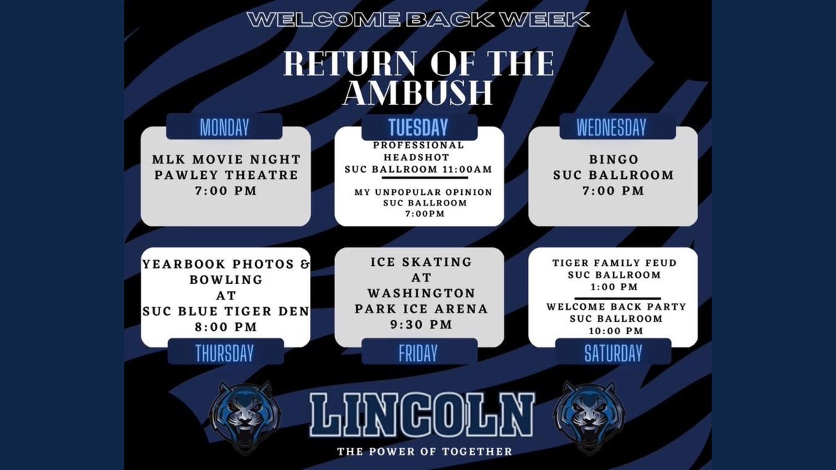 LUBlueTigers's tweet image. 🎞️⛸️🎳 / 📅💙🐯
Movie night, bowling, ice-skating and more! Join us for these “Welcome Back Week” social campus activities and events! 

#WelcomeBackWeek #LUMO