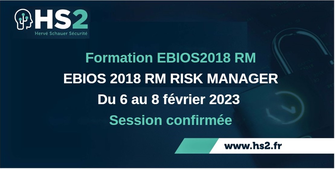 HS2formation's tweet photo. 📆 6-8/02/2023 au @CampusCyberFr | Prochaine @HS2Formation EBIOS RM 2018 Risk Manager labellisée #SecNumEdu-FC par @ANSSI_FR

👉 https://t.co/GVnNwH9GxF

#cybersécurité #EBIOSRM2018 #Risk

Renseignements (Tarifs- modalités) / inscription :
📞 09 74 77 43 90 / 📩 Formation@hs2.fr https://t.co/TlXV5mtm99