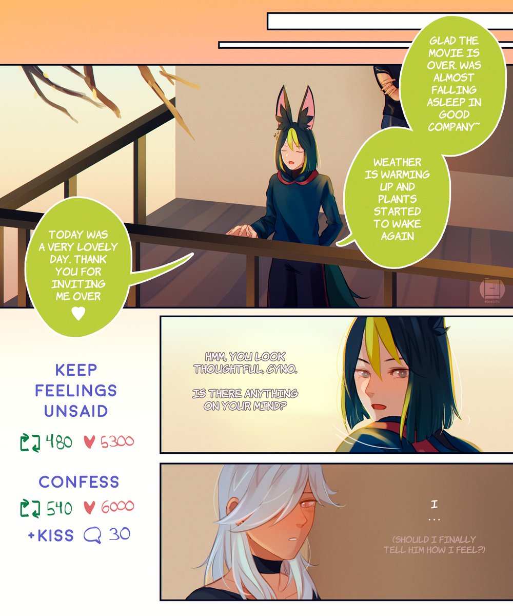 (pt. 4/?) shall cyno confess (and kiss)? 📚🌿

#GenshinImpact #原神 #cynonari #tighnari #cyno https://t.co/saNQwJD1jR 