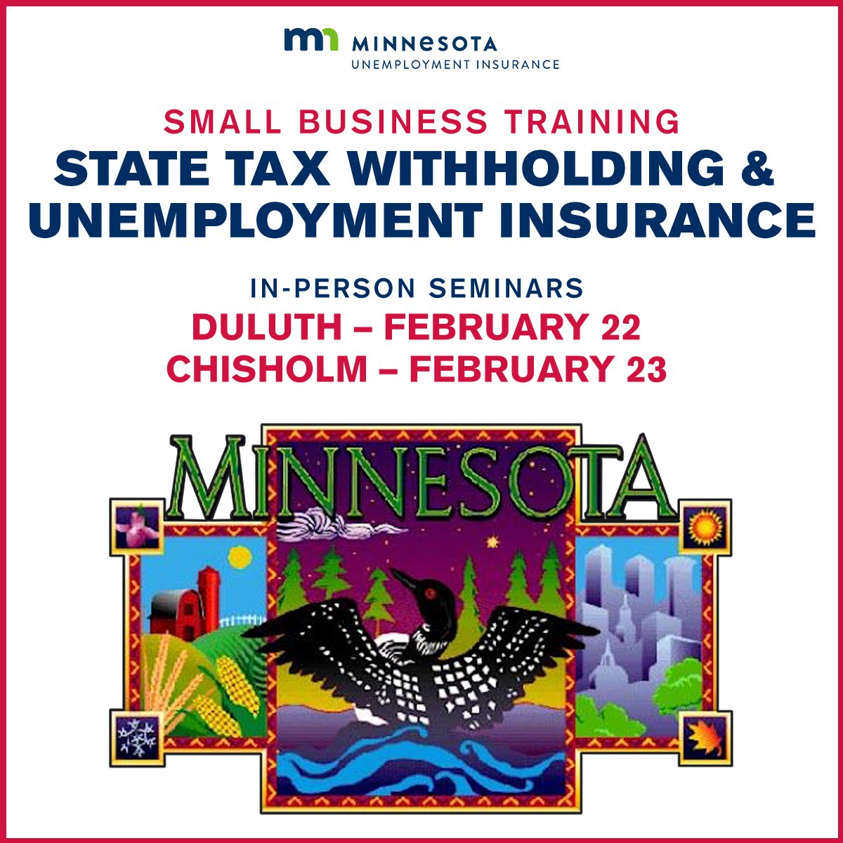 Not sure how an employee layoff will affect your business’s UI rate? 
Attend this training event to learn how to save on your unemployment insurance costs!

Feb. 22, 2023 Duluth seminar ➡️ bit.ly/3R0gsQ9 

Feb. 23, 2023 Chisholm ➡️
bit.ly/3QSi5iI