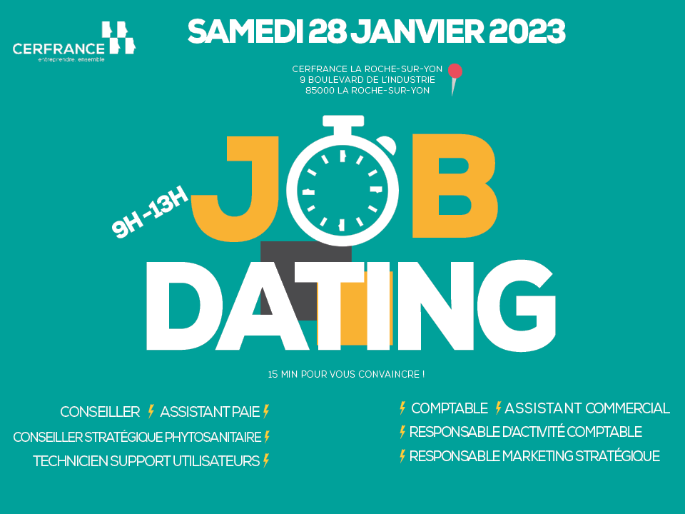 #RECRUTEMENT Tenez-vous prêts !

Cerfrance organise un #JobDating le 28 janvier à l'agence de la Roche-sur-Yon !

📍9 boulevard de l'industrie
🕘De 9h à 13h

Inscrivez-vous pour le job dating sur : fr.surveymonkey.com/r/DDQVLBC

&amp; consultez nos offres sur : tonprochainjob.fr