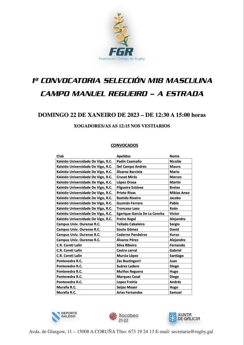 RugbyGalicia's tweet photo. 🚨 Convocatorias para adestramentos das @RugbyGalicia 

📅 Domingo 22 de Xaneiro

📍 @c_aestrada  🏟️ Manuel  Regueiro

🏉 #Feminina #M18_16

⏰ De 10h a 12h

🏉 #Masculina #M18

⏰ De 12:30 a !5h

📍 @ConcCulleredo 🏟️Acea Da Mă

🏉 #Mixta #M14

⏰ De 10:30 a 13:30

#RugbyGalego https://t.co/RUcE7n6Ome