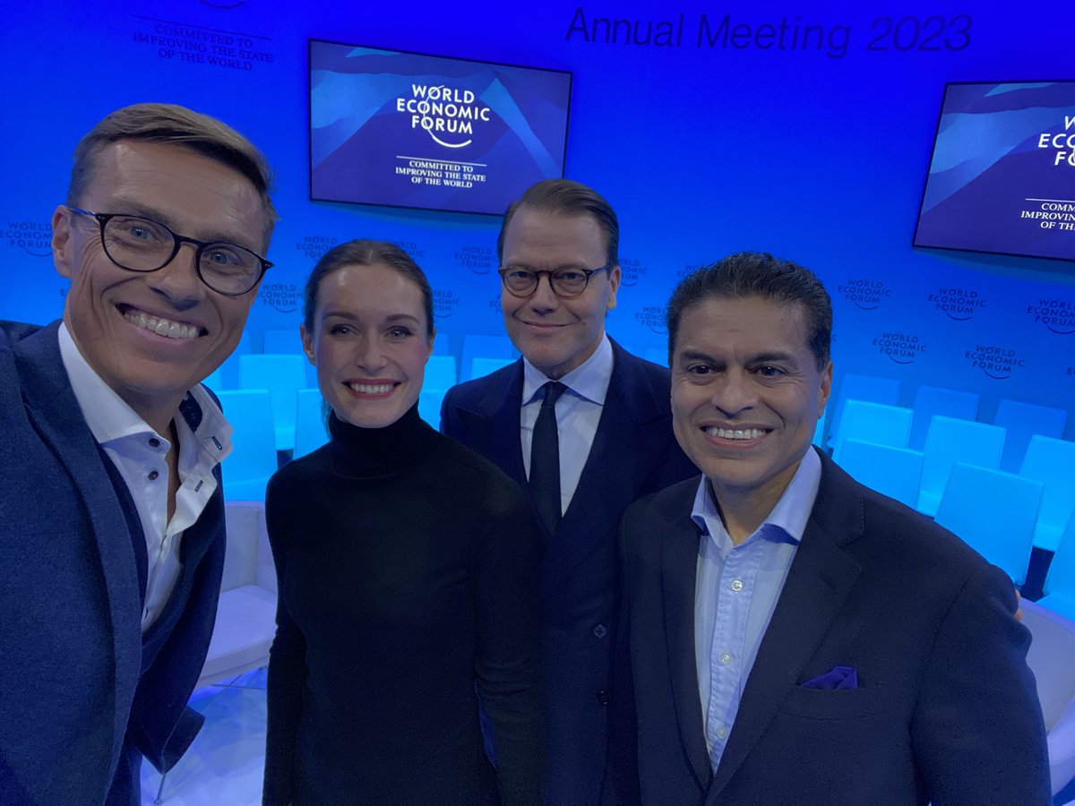 Excellent discussion between <a href="/MarinSanna/">Sanna Marin</a> and <a href="/FareedZakaria/">Fareed Zakaria</a> at <a href="/wef/">World Economic Forum</a> #davos2023 today. 

Always happy when my compatriots take the international stage. 

Important for a small country like Finland.

And nice to see Prince Daniel too, a great ambassador for Sweden.