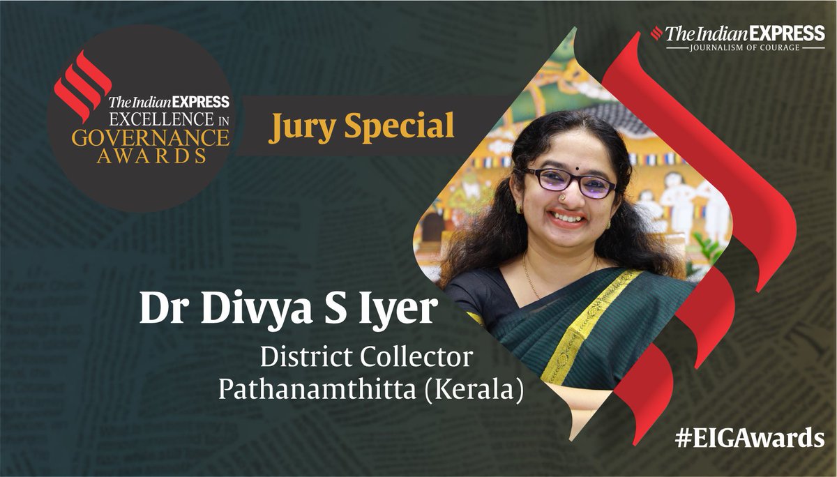 IndianExpress's tweet photo. #EIGawards: Congratulations Divya S Iyer for winning Excellence in Governance Award in Jury Special category 

Key work:

🔸Crowd management at key pilgrimage spot

🔸Coordinating with 52 stakeholder departments

🔸Safety walk and landslide hazard mapping carried out

📌:  Kerala https://t.co/fq9DNfZ2Xf