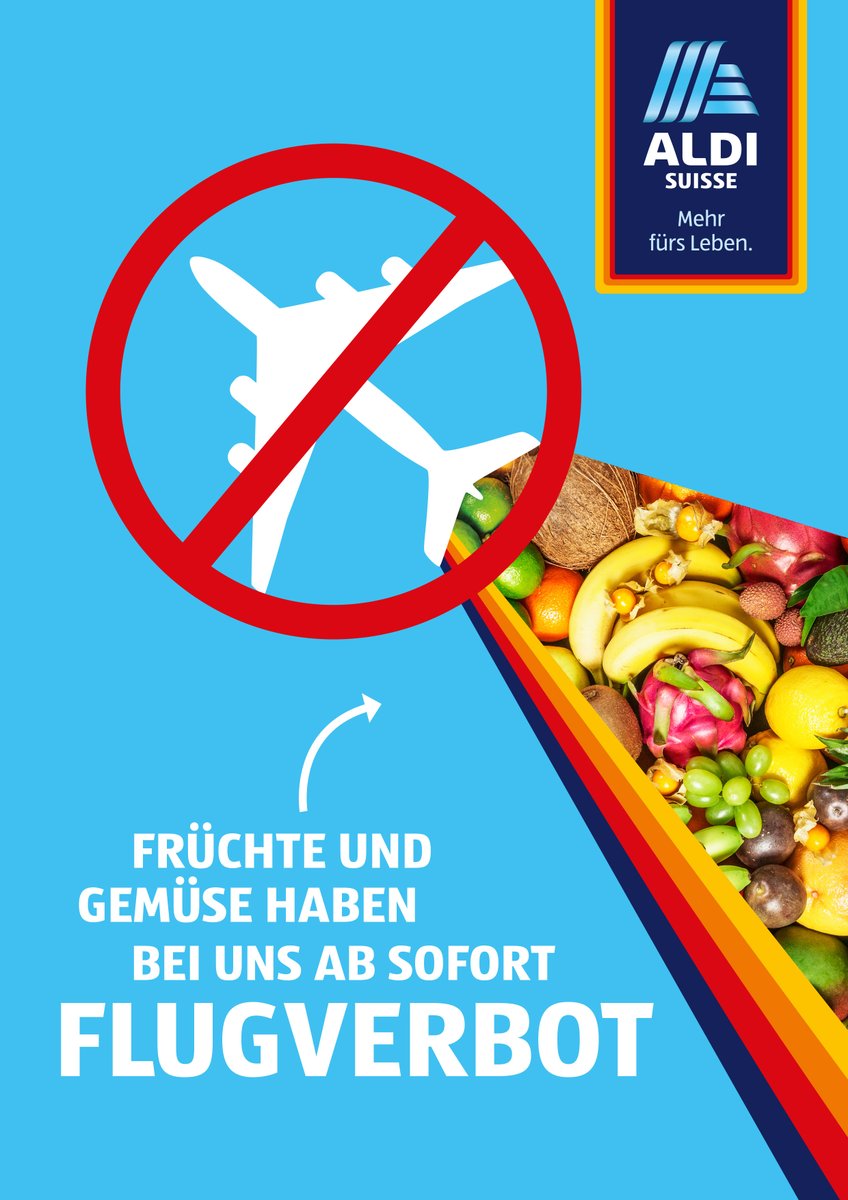 ALDI SUISSE verzichtet ab sofort komplett auf das Einfliegen✈️von Obst🍍und Gemüse🥑 und spart damit jährlich rund 5000 Tonnen CO2 ein. Weitere Infos: bit.ly/3XF31an