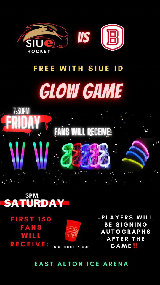 Two big home games this weekend! Let’s pack <a href="/EAIceArena/">East Alton Ice Arena</a> Friday for our GLOW GAME and Saturday for our cup giveaway/autograph day! #rollcougz