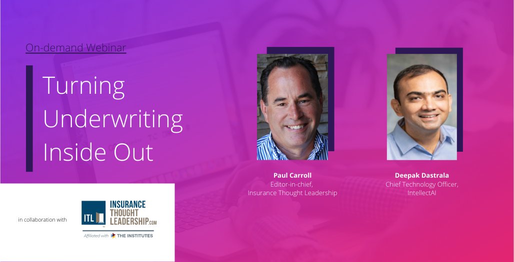 intellectAI's tweet image. On-demand Webinar: Turning Underwriting Inside Out

In this webinar, Paul Carroll and Deepak Dastrala explore a different way of looking at how to improve underwriting; focusing on the needs of the underwriter, not just on the process.

Watch Now: bit.ly/3CW1x3r

#ai