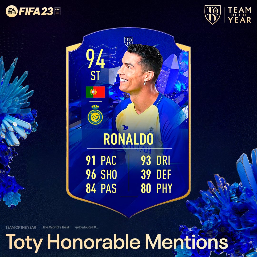 🔵🟡 CRISTIANO RONALDO TOTY HONORABLE MENTIONS 🟡🔵

WOULD YOU LIKE A CARD FROM RONALDO FOR THE TOTY?

❤️ AND 🔄 IS APPRECIATED!!!
#TOTY #TEAMOFTHEYEAR #FIFA23 #FUT23