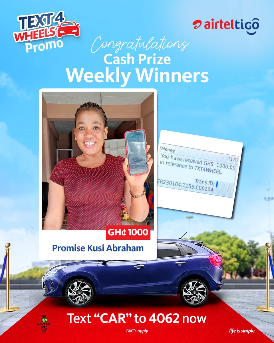 theatghana's tweet photo. Congratulations to our #Text4Wheels promo weekly winners!
You too can be a winner. Simply send 'CAR' to 4062 and you could be on your way to winning some cool cash.
#LifeIsSimple https://t.co/jbVgEh6lpz