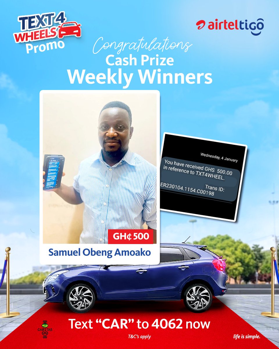 theatghana's tweet photo. Congratulations to our #Text4Wheels promo weekly winners!
You too can be a winner. Simply send 'CAR' to 4062 and you could be on your way to winning some cool cash.
#LifeIsSimple https://t.co/jbVgEh6lpz