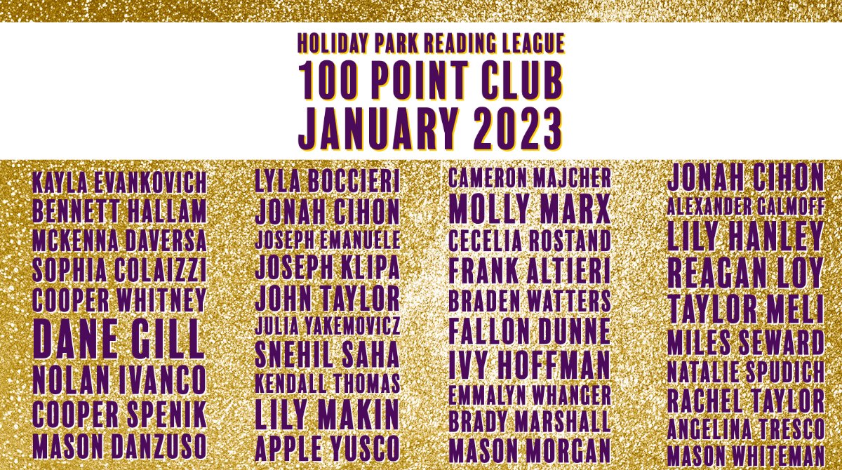 hprl_pbsd's tweet photo. HPRL Announcement! Introducing our now 💫39 💫 outstanding members of the  Holiday Park Reading League 100 Point Club for January! WAY TO GO HPRL!  Please share this fabulous student news!  #plumproud #plumlearns #hprl 
@hprl_pbsd
@HPEPBSD
@PlumTeachers https://t.co/AA4NjjLcuX
