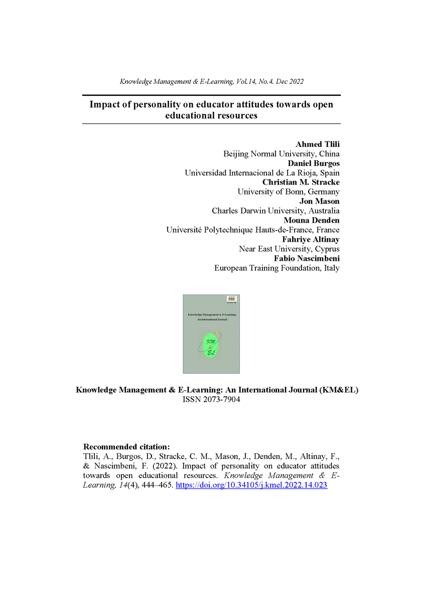Out now!

Our study on #personality #impact on #educator's #OER with #bigfive #analysis

with Ahmed Tlili,  Daniel Burgos, <a href="/intercog/">Jon Mason</a> , Mouna Denden, Fahriye Altinay, @fabionascimbeni 

published in KM &amp; E-L (Scopus, WoS):
Enjoy reading and sharing!